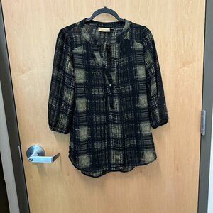Princess Vera Wang plaid tunic sheer black olive top womens M